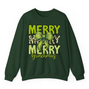 Merry Grinchmas Sweatshirt with Leopard Print & Fuzzy Bow Design | Festive Holiday Apparel for Dr. Seuss Fans 9 Forest Front