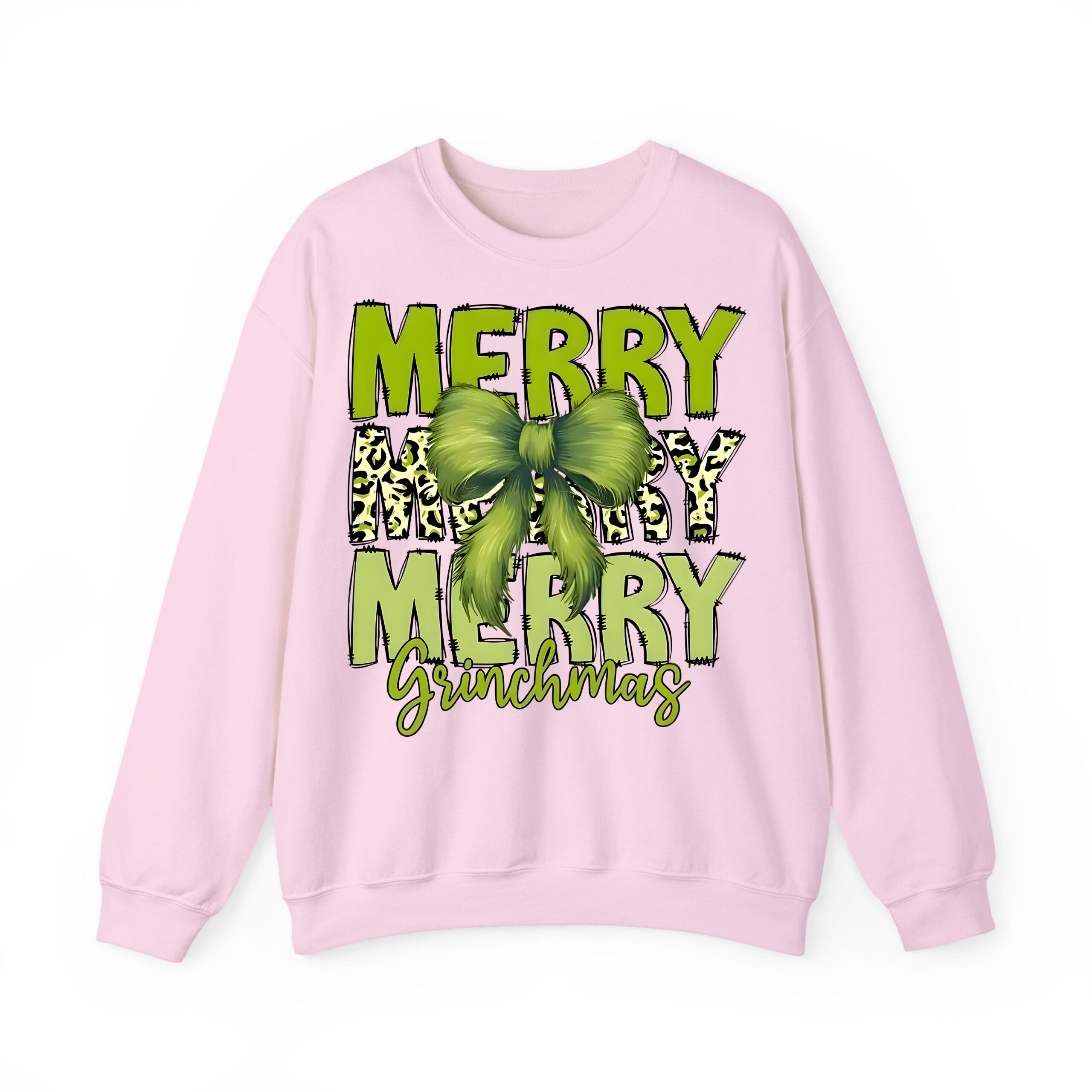 Merry Grinchmas Sweatshirt with Leopard Print & Fuzzy Bow Design | Festive Holiday Apparel for Dr. Seuss Fans Merry Grinchmas Sweatshirt with Leopard Print & Fuzzy Bow Design | Festive Holiday Apparel for Dr. Seuss Fans