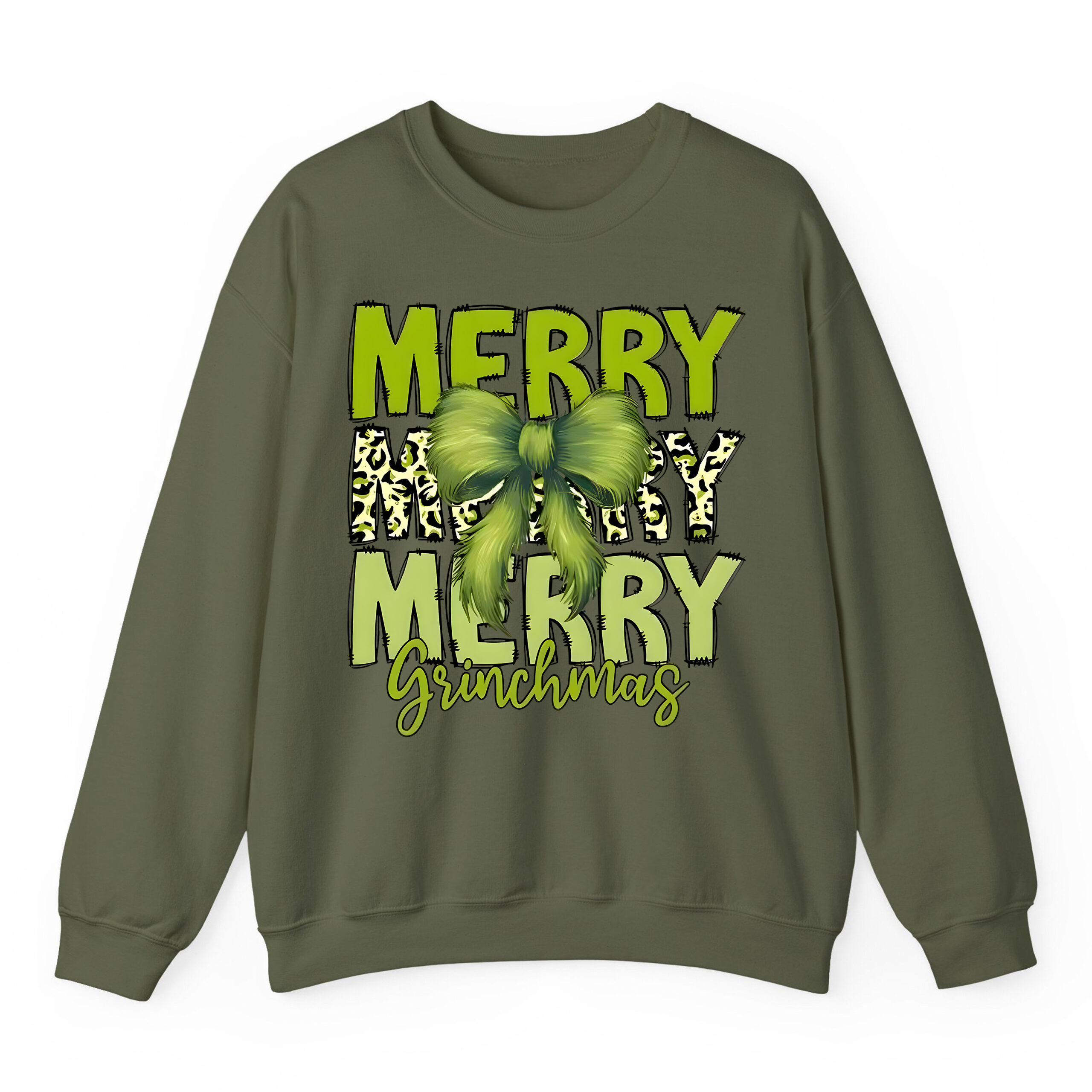 Merry Grinchmas Sweatshirt with Leopard Print & Fuzzy Bow Design | Festive Holiday Apparel for Dr. Seuss Fans Merry Grinchmas Sweatshirt with Leopard Print & Fuzzy Bow Design | Festive Holiday Apparel for Dr. Seuss Fans