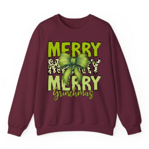Merry Grinchmas Sweatshirt with Leopard Print & Fuzzy Bow Design | Festive Holiday Apparel for Dr. Seuss Fans 5 SW Maroon Front