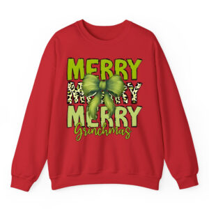 Merry Grinchmas Sweatshirt with Leopard Print & Fuzzy Bow Design | Festive Holiday Apparel for Dr. Seuss Fans 4 SW Red Front