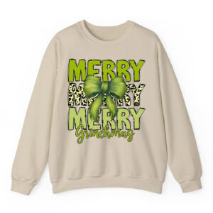 Merry Grinchmas Sweatshirt with Leopard Print & Fuzzy Bow Design | Festive Holiday Apparel for Dr. Seuss Fans 3 SW Sand Front