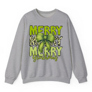 Merry Grinchmas Sweatshirt with Leopard Print & Fuzzy Bow Design | Festive Holiday Apparel for Dr. Seuss Fans 2 SW Sport Grey