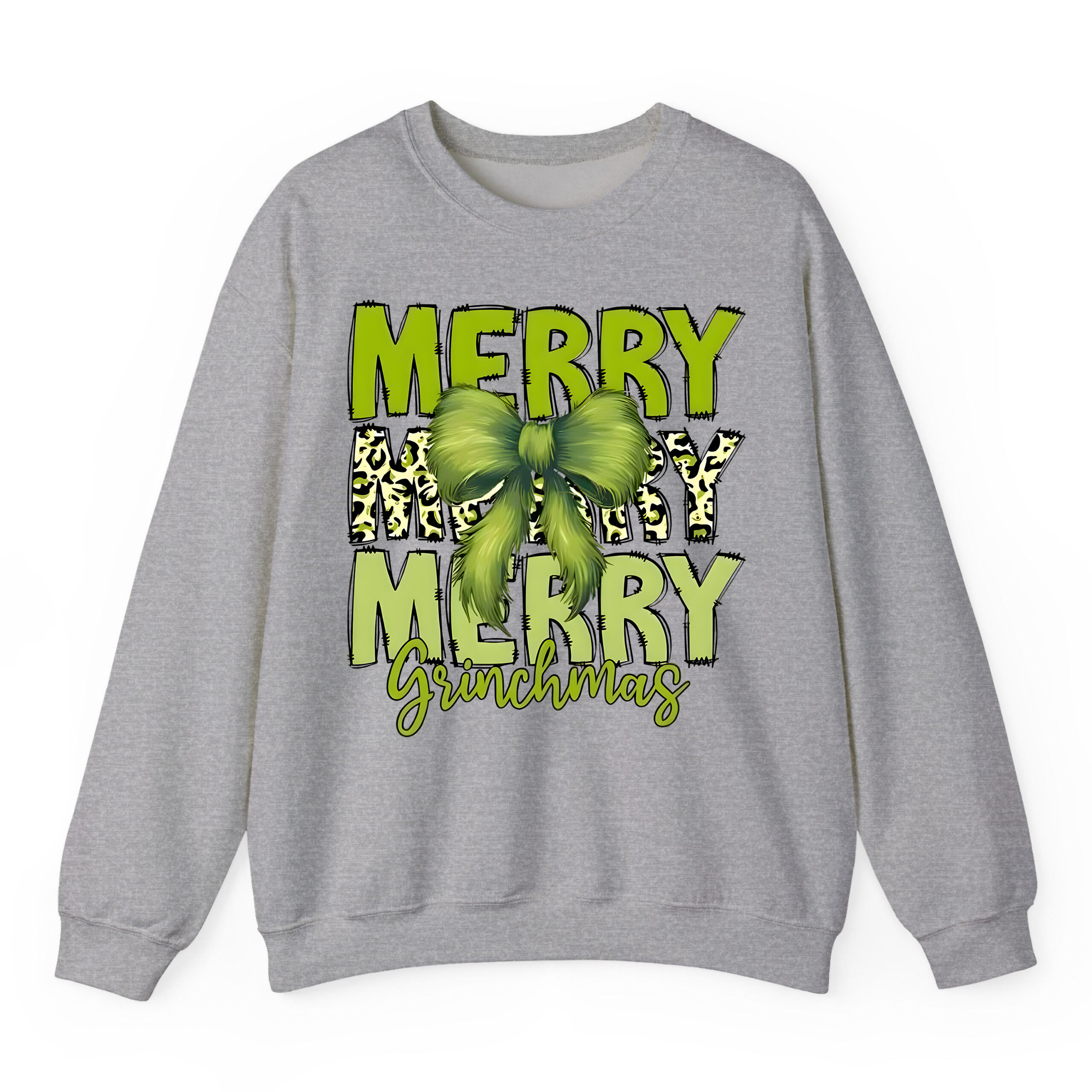 Merry Grinchmas Sweatshirt with Leopard Print & Fuzzy Bow Design | Festive Holiday Apparel for Dr. Seuss Fans Merry Grinchmas Sweatshirt with Leopard Print & Fuzzy Bow Design | Festive Holiday Apparel for Dr. Seuss Fans