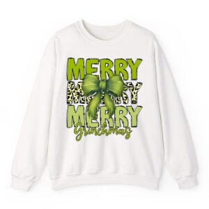 Merry Grinchmas Sweatshirt with Leopard Print & Fuzzy Bow Design | Festive Holiday Apparel for Dr. Seuss Fans 1 SW white Front