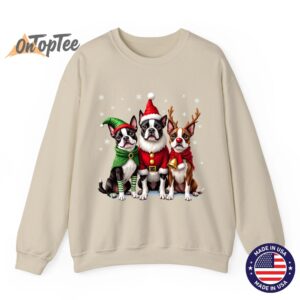 Funny Boston Terrier Christmas Sweatshirt with Santa Reindeer Elf