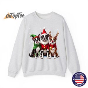 Funny Boston Terrier Christmas Sweatshirt with Santa Reindeer Elf 1 Funny Boston Terrier Christmas Sweatshirt with Santa Reindeer Elf 02