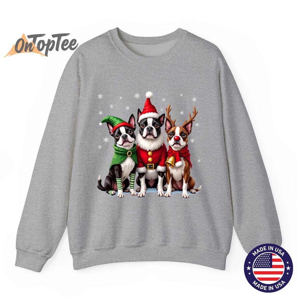 Funny Boston Terrier Christmas Sweatshirt with Santa Reindeer Elf Funny Boston Terrier Christmas Sweatshirt with Santa Reindeer Elf