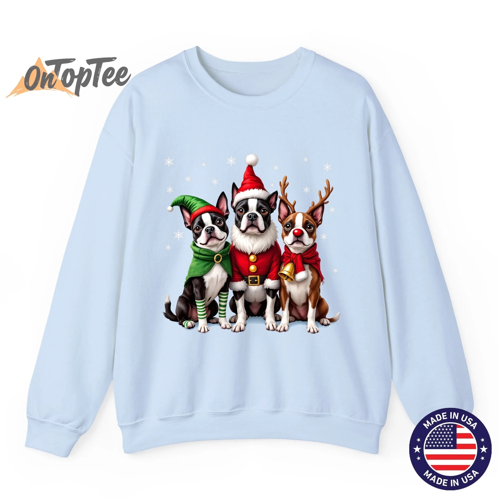 Funny Boston Terrier Christmas Sweatshirt with Santa Reindeer Elf Funny Boston Terrier Christmas Sweatshirt with Santa Reindeer Elf