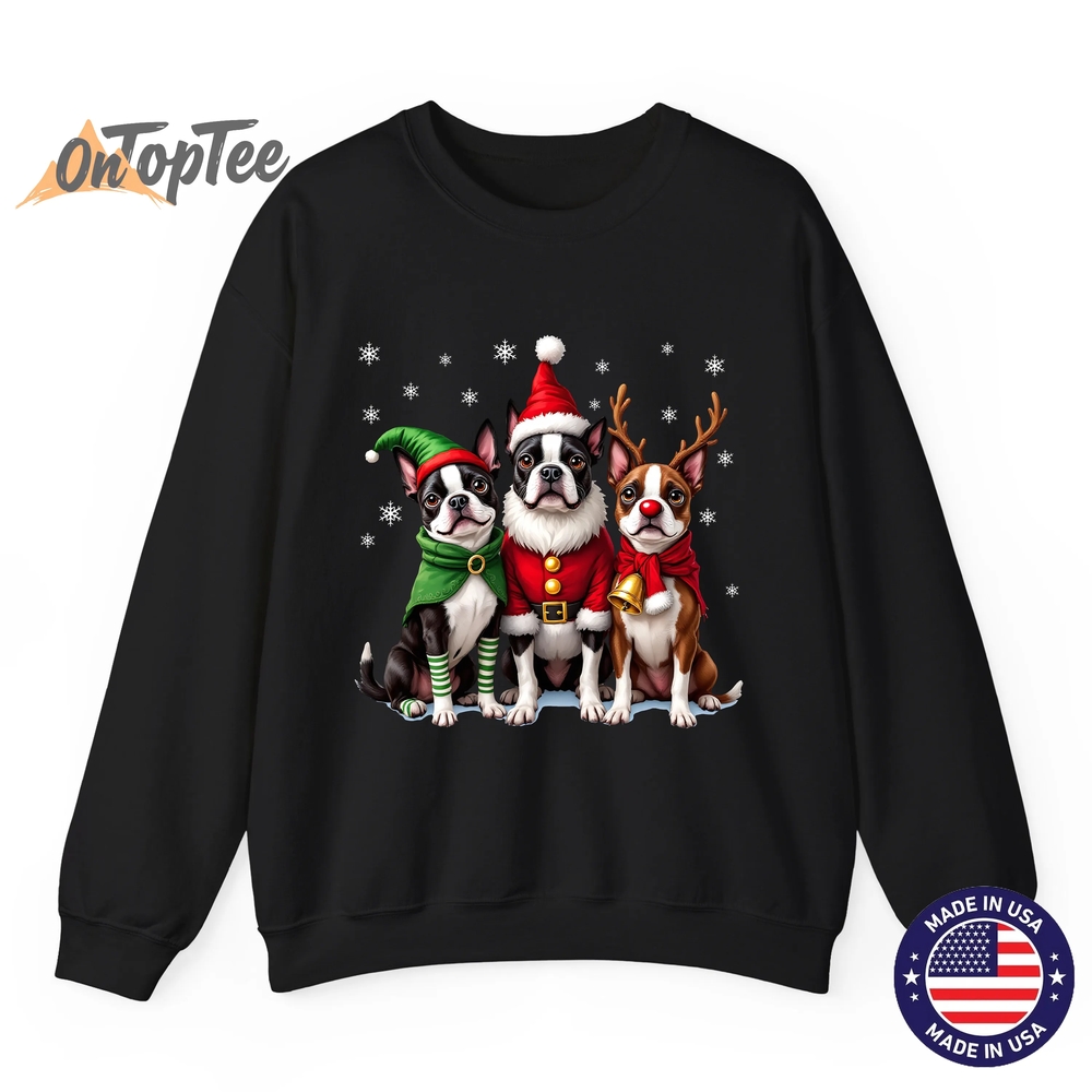 Funny Boston Terrier Christmas Sweatshirt with Santa Reindeer Elf Funny Boston Terrier Christmas Sweatshirt with Santa Reindeer Elf