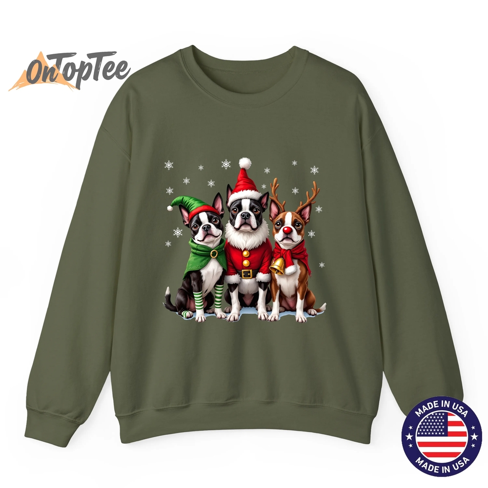 Funny Boston Terrier Christmas Sweatshirt with Santa Reindeer Elf Funny Boston Terrier Christmas Sweatshirt with Santa Reindeer Elf