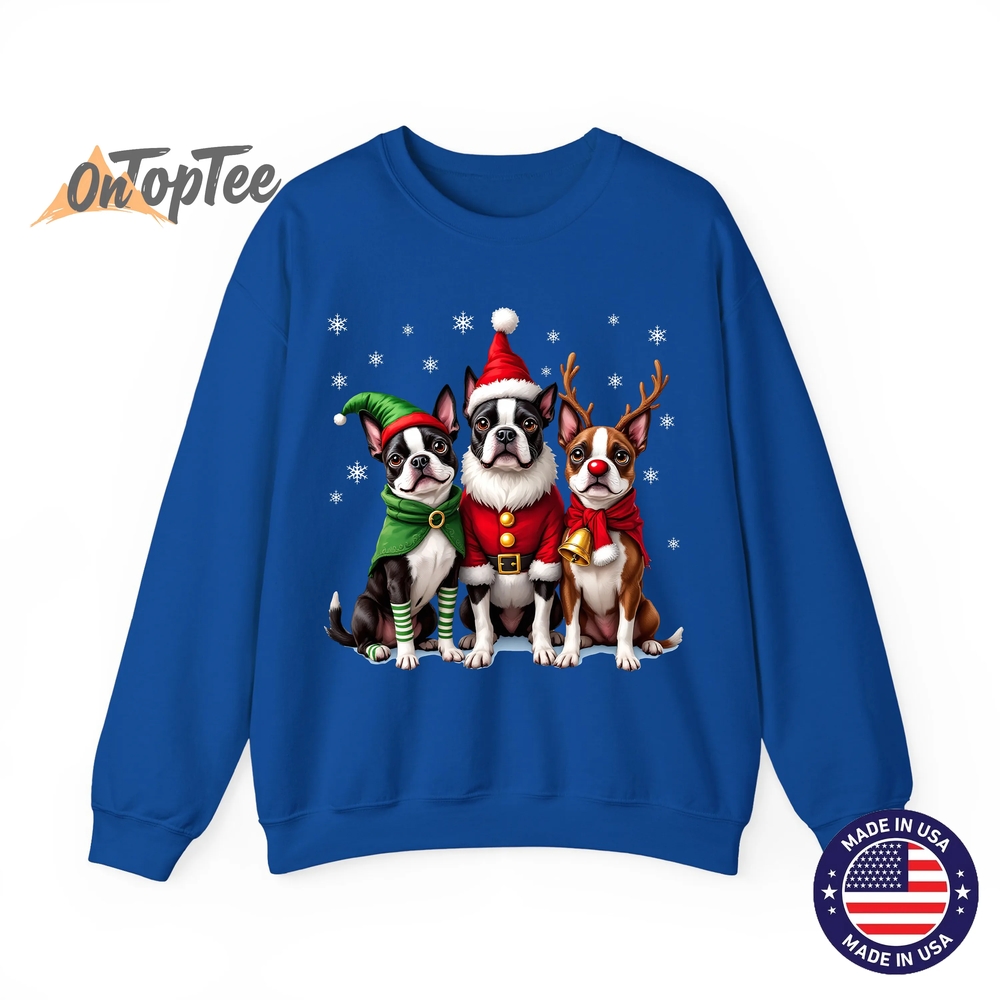 Funny Boston Terrier Christmas Sweatshirt with Santa Reindeer Elf Funny Boston Terrier Christmas Sweatshirt with Santa Reindeer Elf