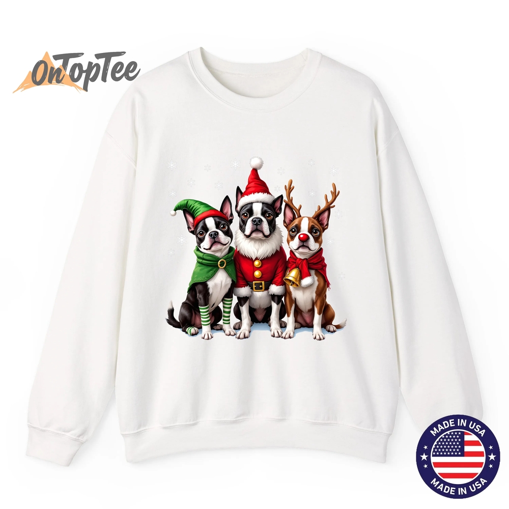 Funny Boston Terrier Christmas Sweatshirt with Santa Reindeer Elf Funny Boston Terrier Christmas Sweatshirt with Santa Reindeer Elf