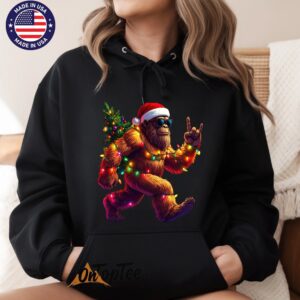 Funny Christmas Bigfoot Hoodie – Santa Hat & Holiday Lights – Xmas Graphic Sweatshirt