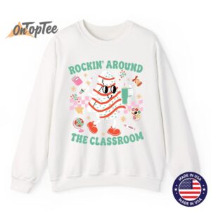Groovy Rocking Around Classroom Teacher Christmas Tree Sweatshirt 11