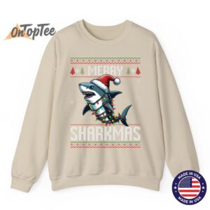 Merry Sharkmas Shark Ugly Christmas Lights Snowflakes Sweatshirt