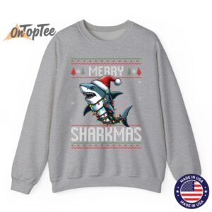 Merry Sharkmas Shark Ugly Christmas Lights Snowflakes Sweatshirt 03
