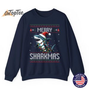 Merry Sharkmas Shark Ugly Christmas Lights Snowflakes Sweatshirt 06