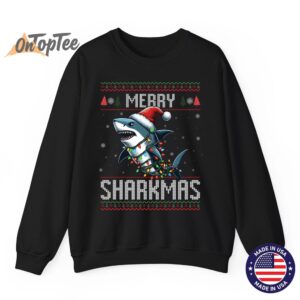 Merry Sharkmas Shark Ugly Christmas Lights Snowflakes Sweatshirt 07
