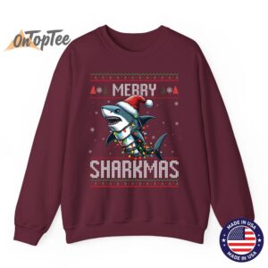 Merry Sharkmas Shark Ugly Christmas Lights Snowflakes Sweatshirt 08