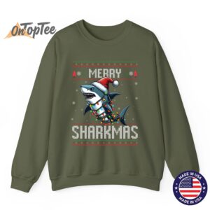 Merry Sharkmas Shark Ugly Christmas Lights Snowflakes Sweatshirt 09
