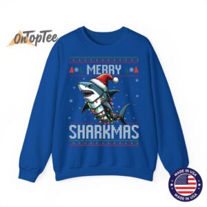 Merry Sharkmas Shark Ugly Christmas Lights Snowflakes Sweatshirt 10