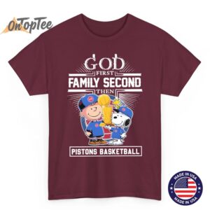 Snoopy and Charlie Brown God First Family Second Detroit Pistons Basketball T Shirt 04