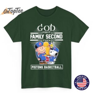 Snoopy and Charlie Brown God First Family Second Detroit Pistons Basketball T Shirt 06