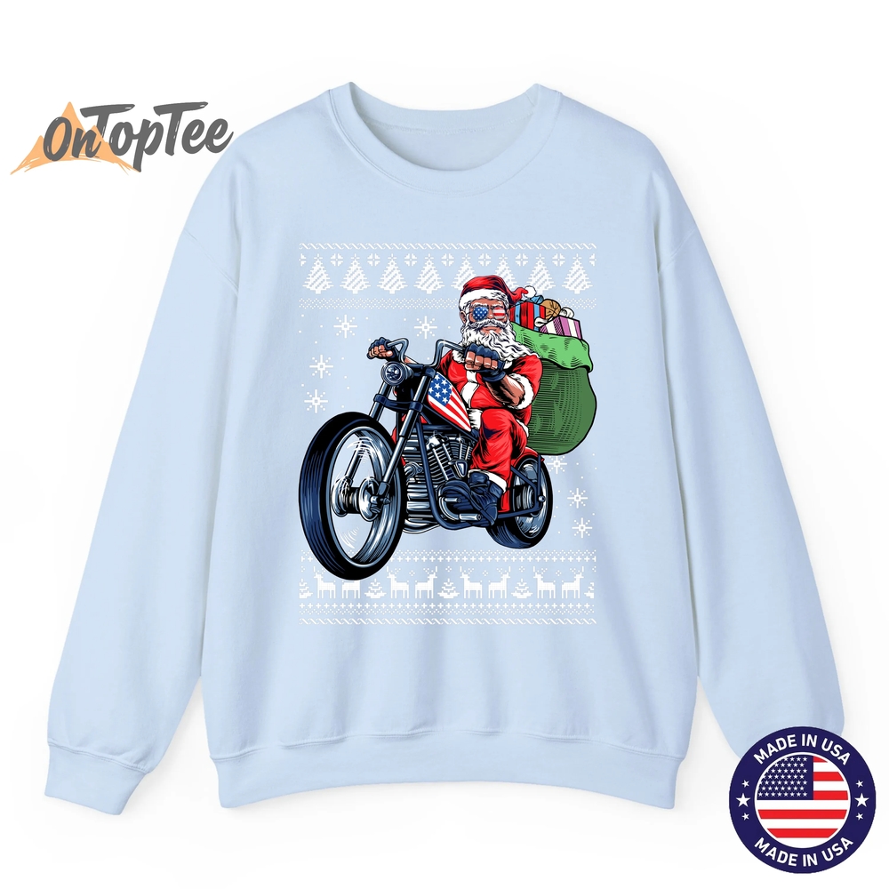 Ugly Christmas Sweatshirt – Santa Claus Motorcycle Tree Ugly Christmas Sweatshirt – Santa Claus Motorcycle Tree