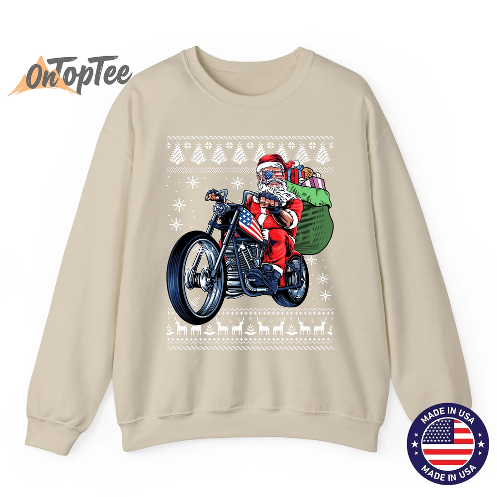 Ugly Christmas Sweatshirt – Santa Claus Motorcycle Tree Ugly Christmas Sweatshirt – Santa Claus Motorcycle Tree