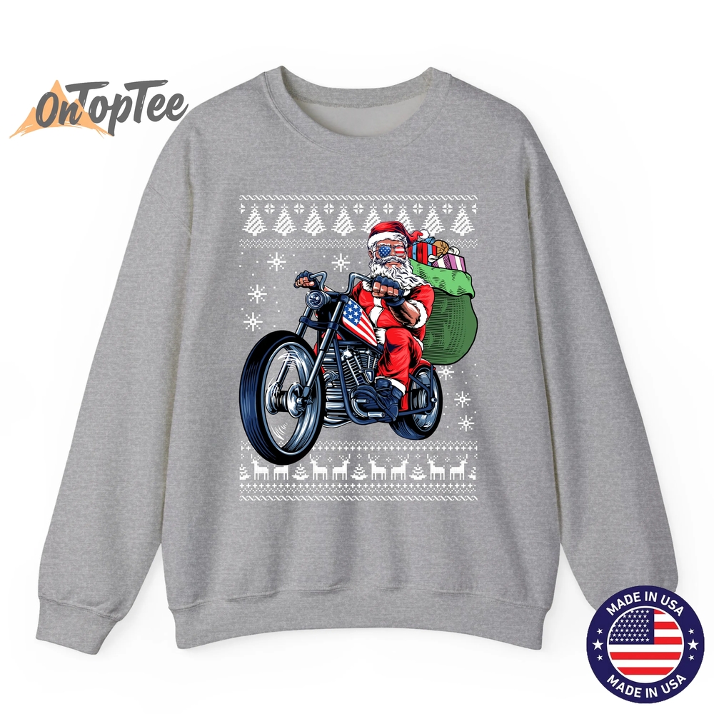 Ugly Christmas Sweatshirt – Santa Claus Motorcycle Tree Ugly Christmas Sweatshirt – Santa Claus Motorcycle Tree