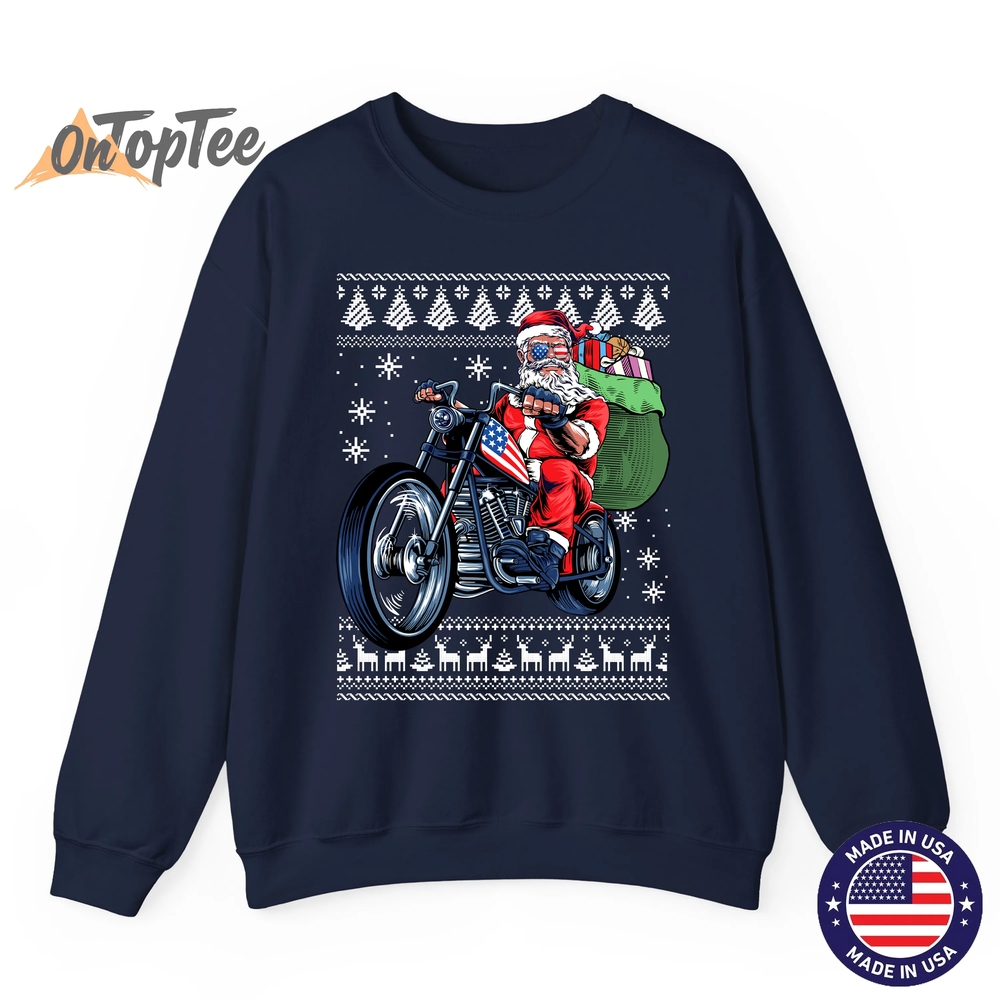 Ugly Christmas Sweatshirt – Santa Claus Motorcycle Tree Ugly Christmas Sweatshirt – Santa Claus Motorcycle Tree