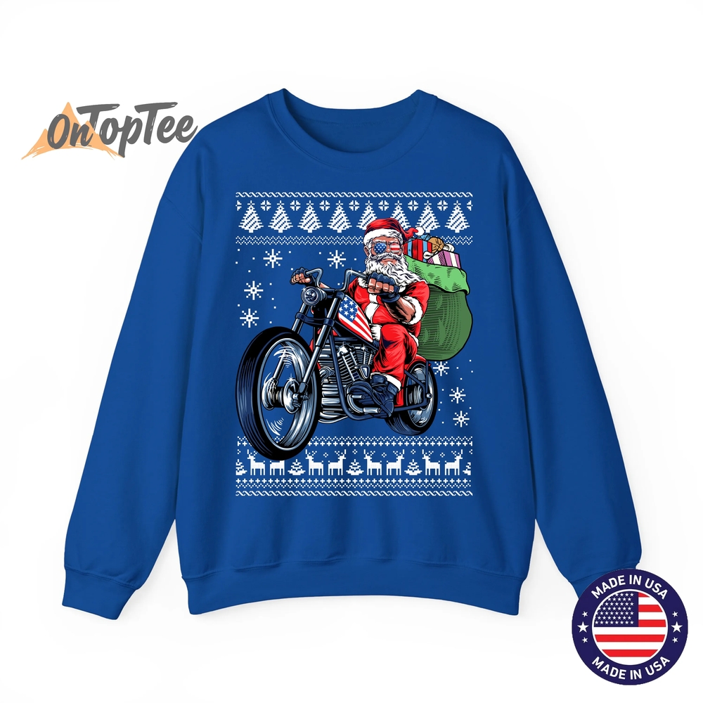 Ugly Christmas Sweatshirt – Santa Claus Motorcycle Tree Ugly Christmas Sweatshirt – Santa Claus Motorcycle Tree
