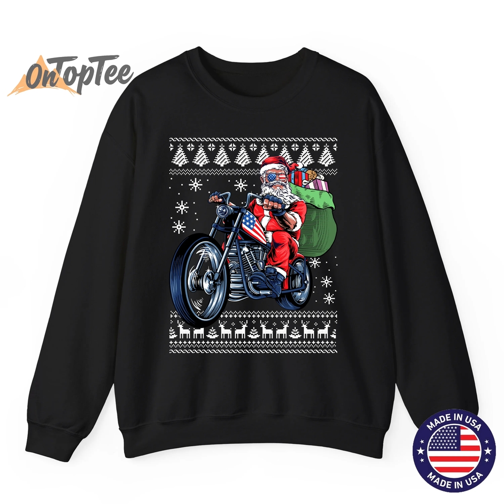 Ugly Christmas Sweatshirt – Santa Claus Motorcycle Tree Ugly Christmas Sweatshirt – Santa Claus Motorcycle Tree