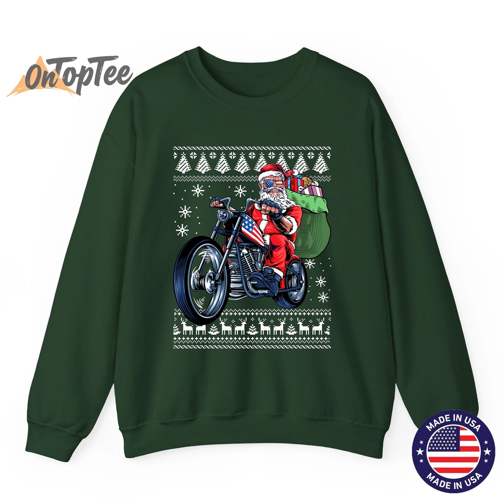 Ugly Christmas Sweatshirt – Santa Claus Motorcycle Tree Ugly Christmas Sweatshirt – Santa Claus Motorcycle Tree