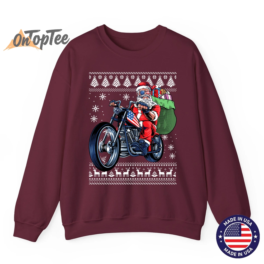 Ugly Christmas Sweatshirt – Santa Claus Motorcycle Tree Ugly Christmas Sweatshirt – Santa Claus Motorcycle Tree