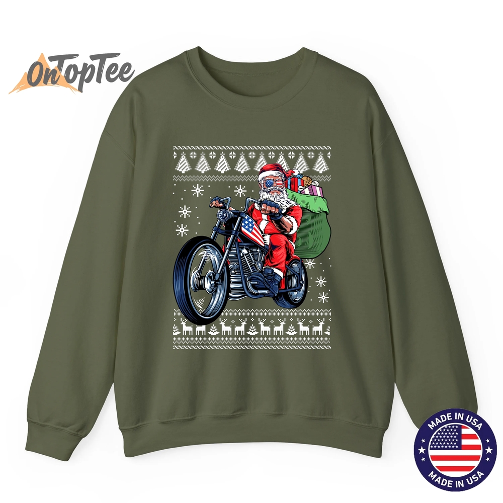 Ugly Christmas Sweatshirt – Santa Claus Motorcycle Tree Ugly Christmas Sweatshirt – Santa Claus Motorcycle Tree