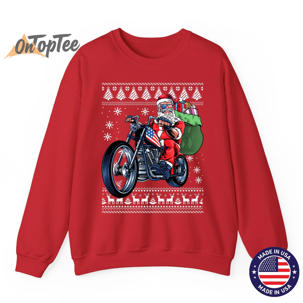 Ugly Christmas Sweatshirt – Santa Claus Motorcycle Tree Ugly Christmas Sweatshirt – Santa Claus Motorcycle Tree